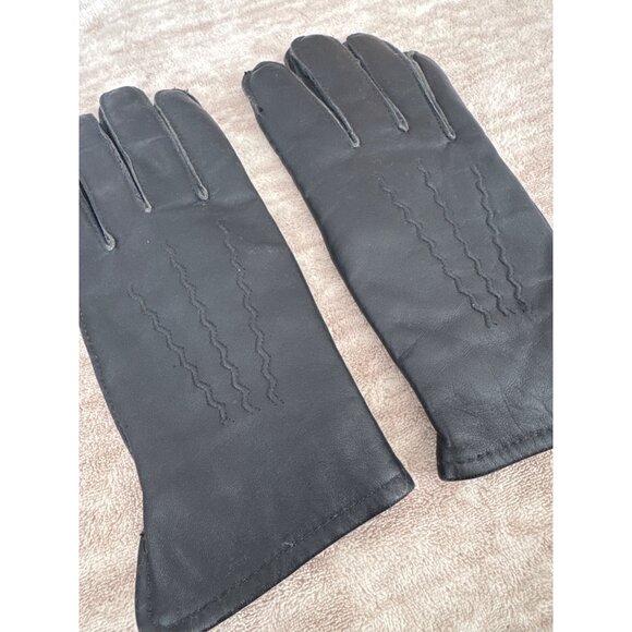 Black Leather Fur Lined Gloves Size Large Women's Old Money Mob Wife - Picture 2 of 5
